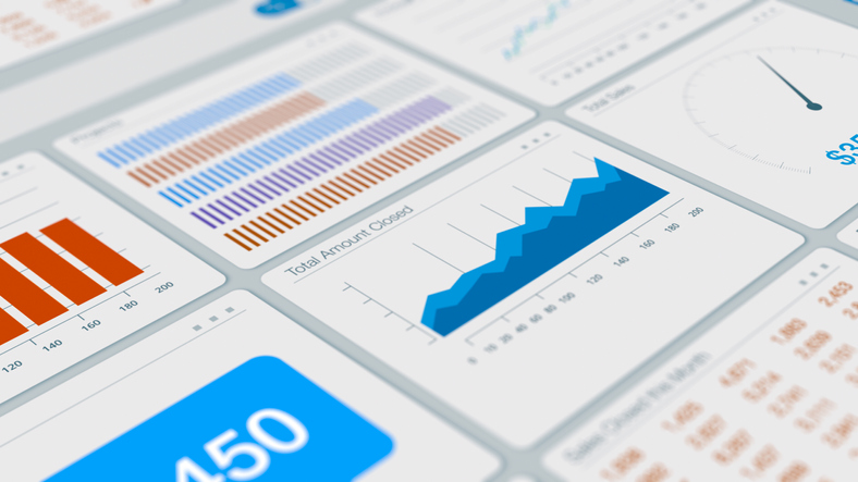 close-up of a computer monitor, dashboard view of an ERP software enterprise resource planning, or a CRM software customer relationship management, charts, data and reports, graphic interface (3d render)