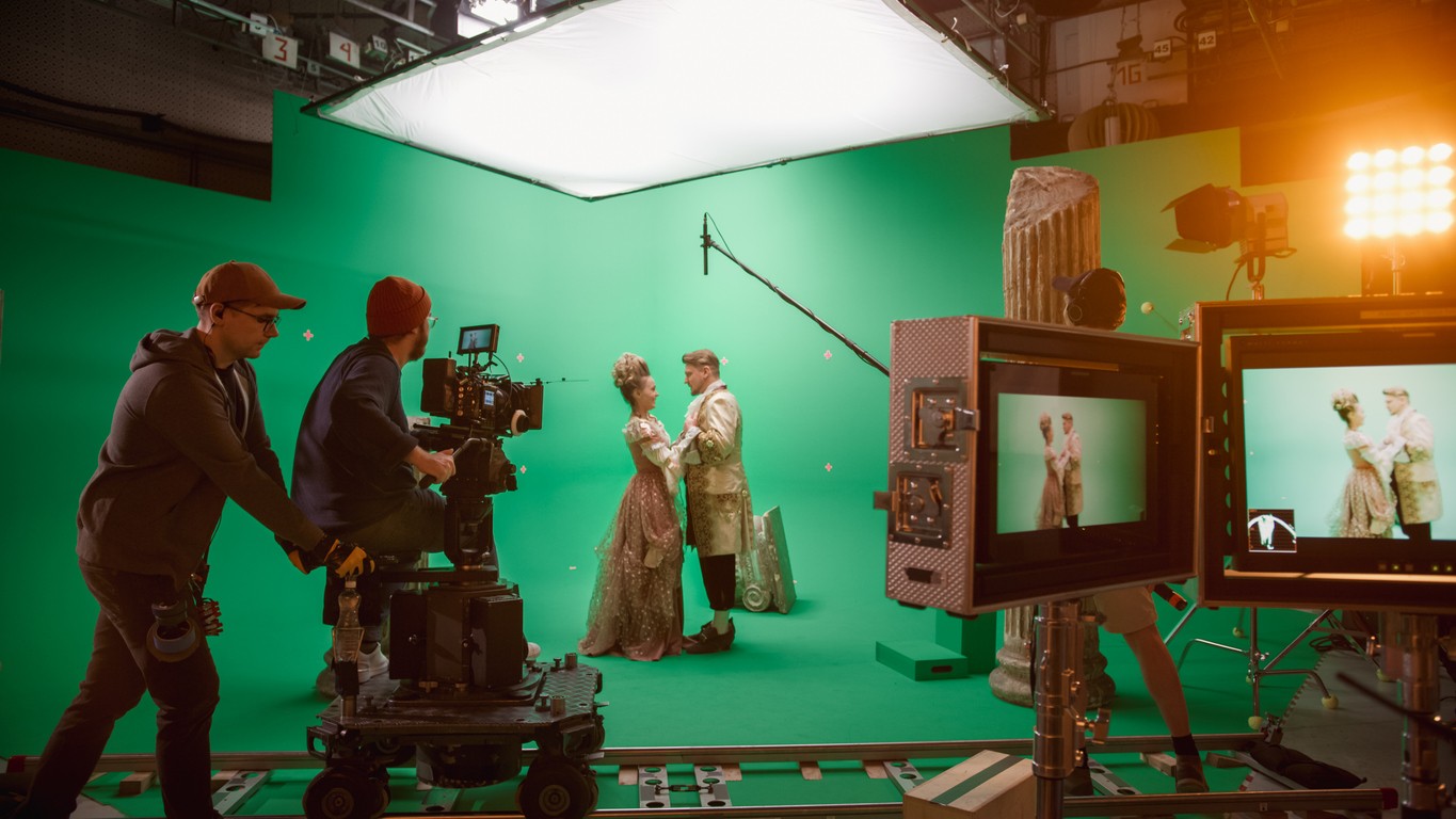 On Set: Famous Female Director Controls Cameraman Shooting Green Screen Scene with Two Actors
