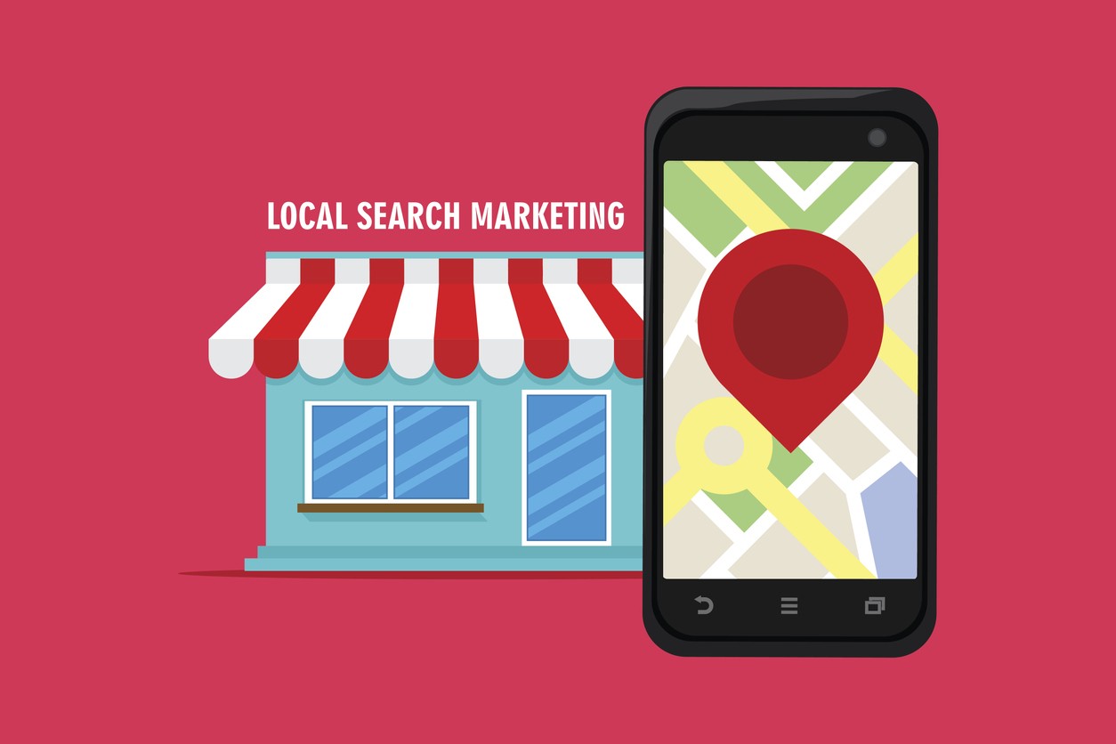 local search marketing ecommerce with shop vector illustration