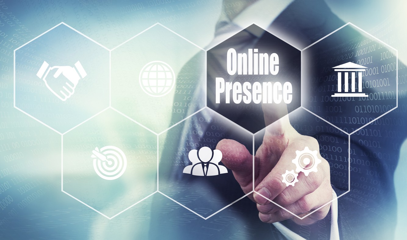 A businessman selecting a Online Presence Concept button