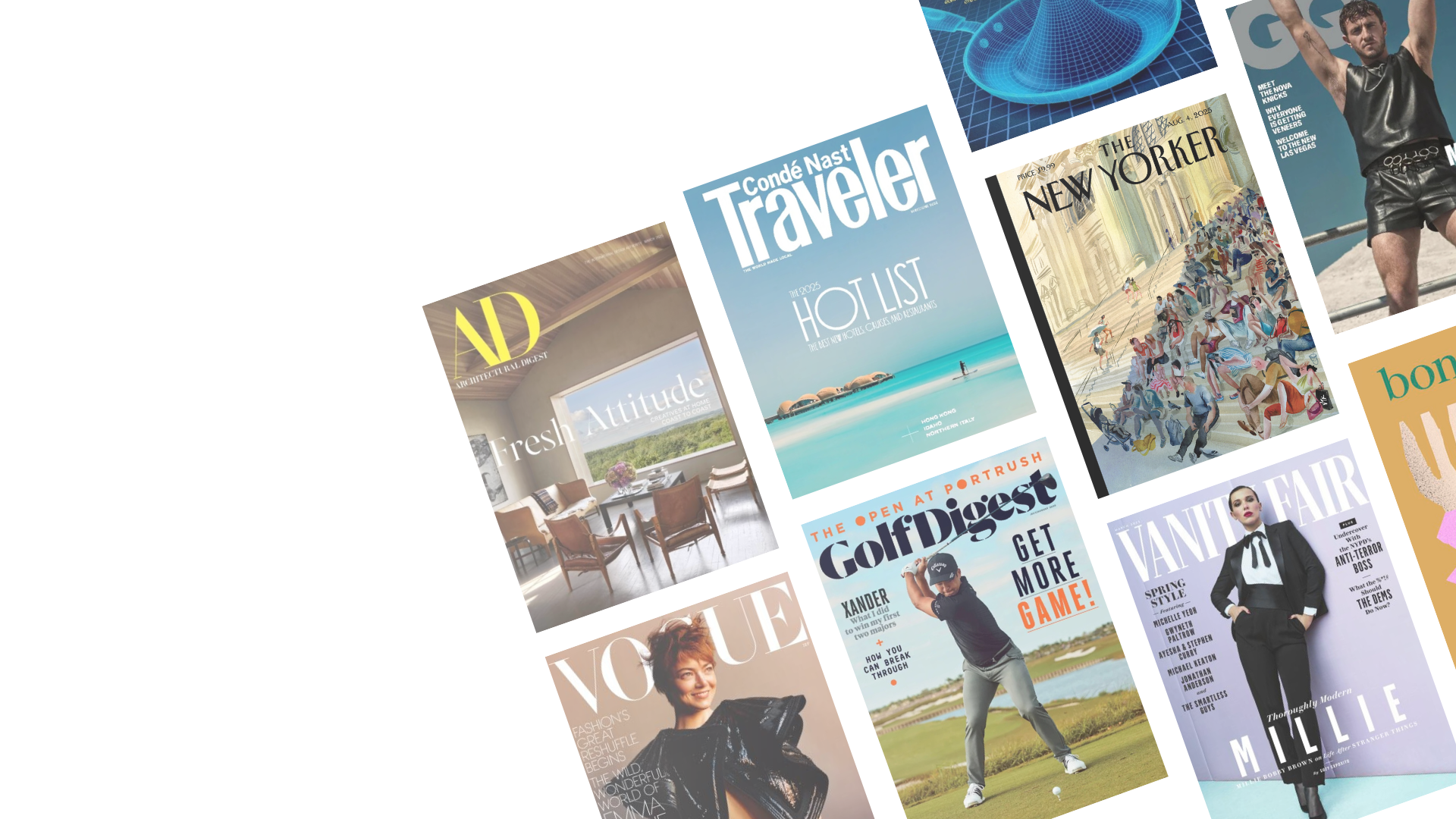 Collage of magazine covers from award winning publications handled by Mediamax Network